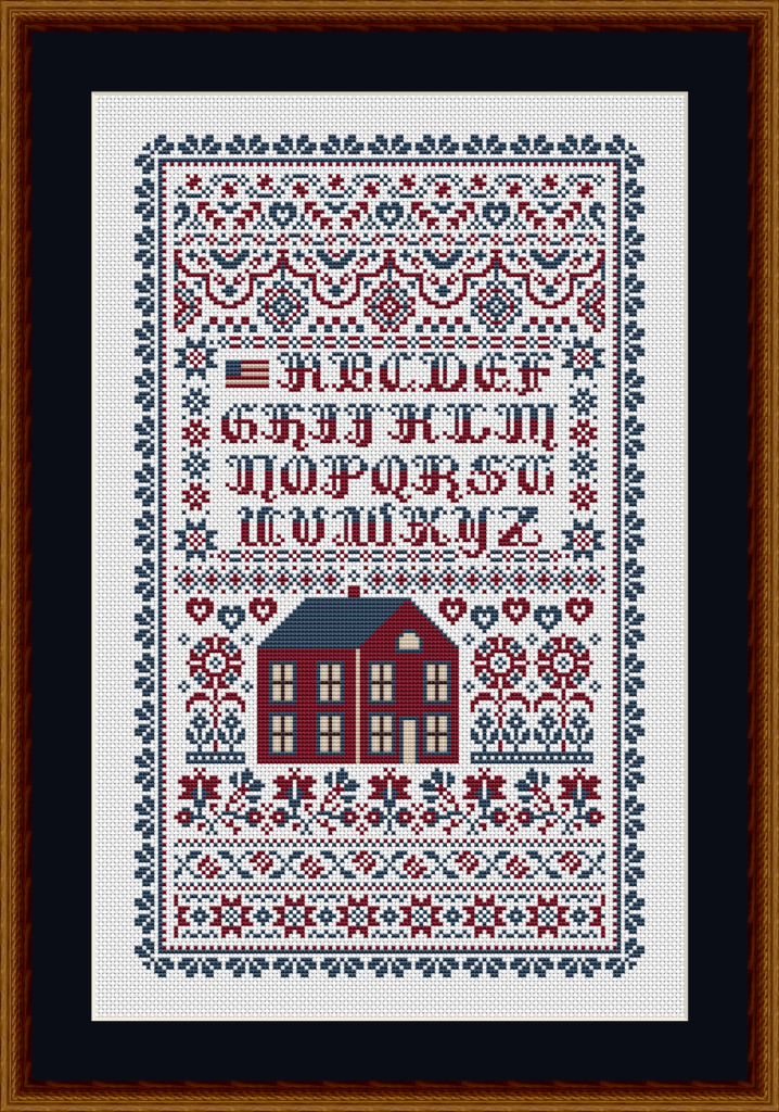 Red House Patriotic Alphabet Sampler Cross Stitch Pattern 1913 on antique white aida fabric.