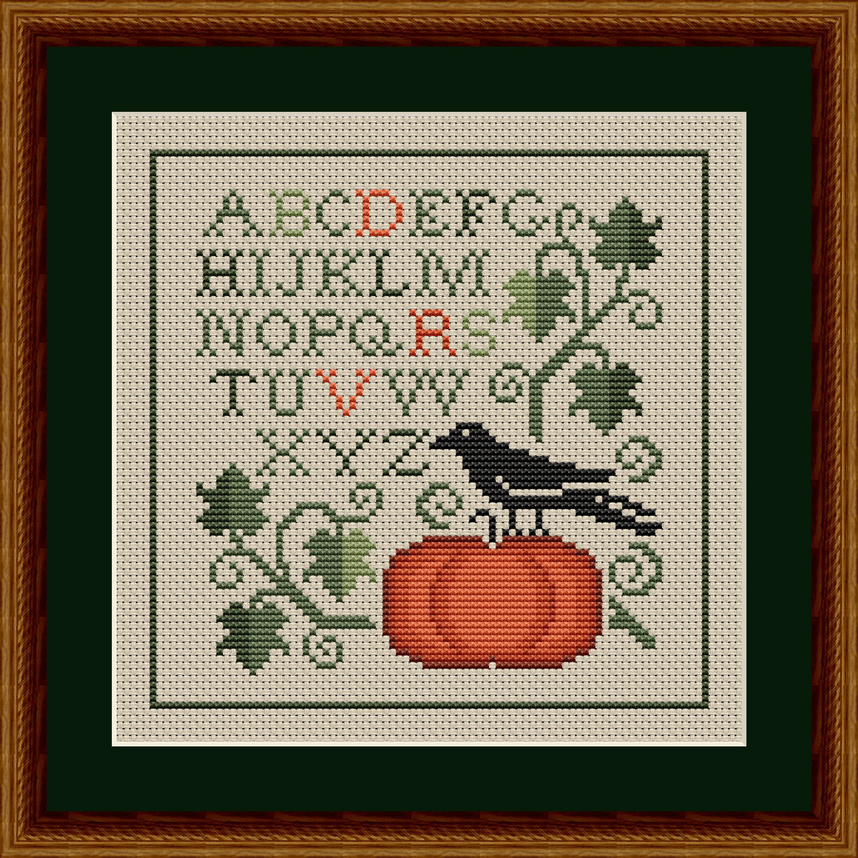 Autumn Crow and Pumpkin Alphabet Sampler Cross Stitch Pattern 1915