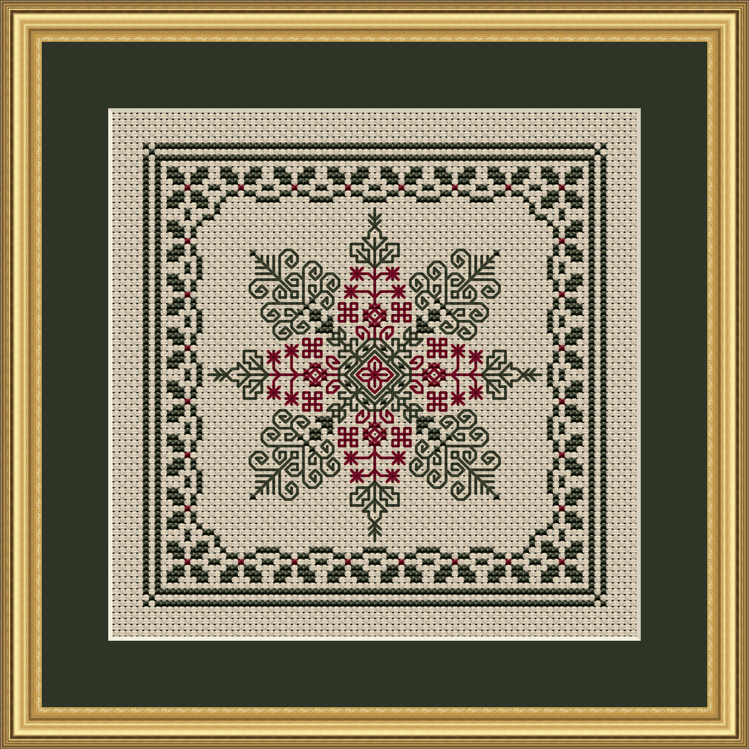 Holly and Pine Snowflake Cross Stitch Pattern