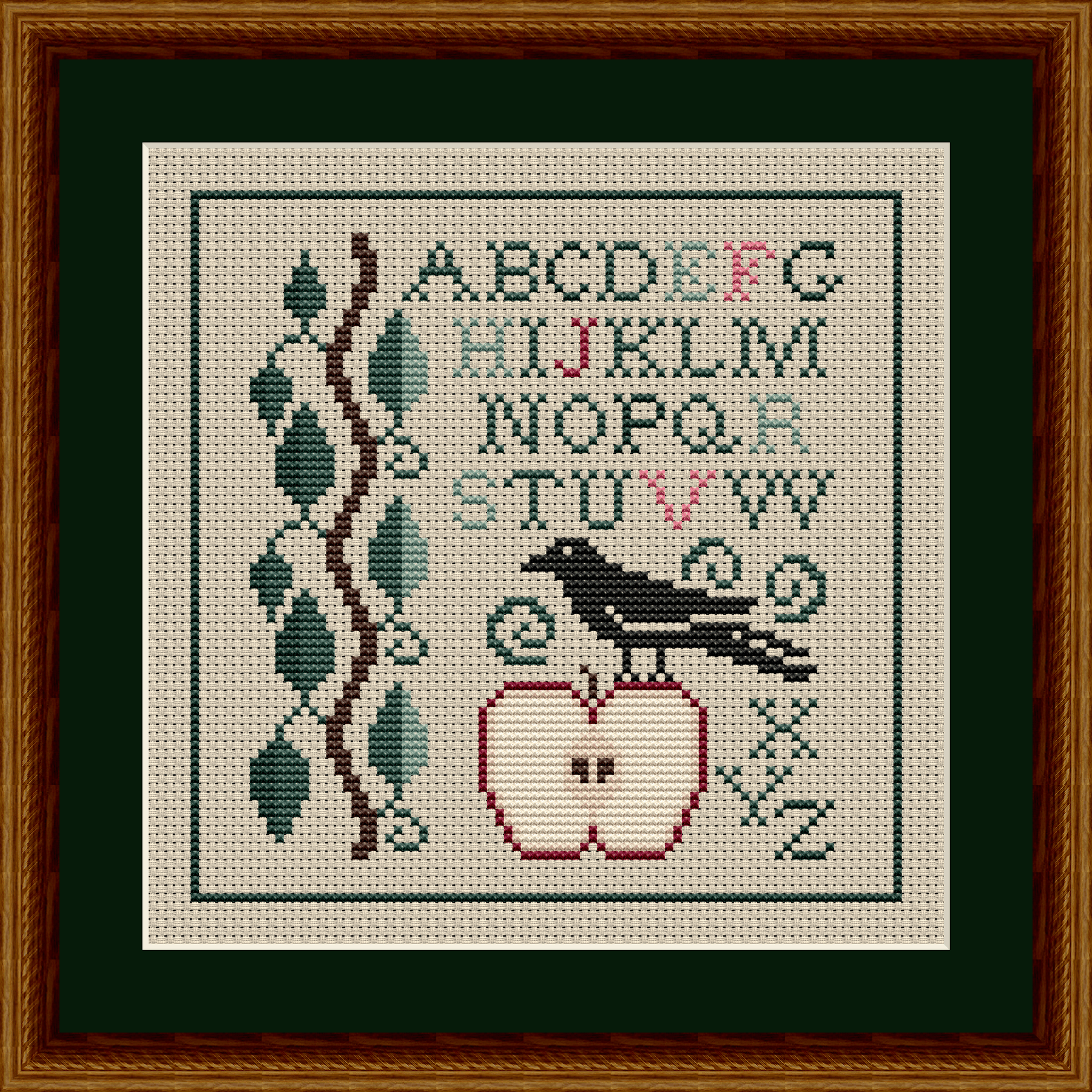 Winter Crow and Apple Alphabet Sampler Cross Stitch Pattern 1916