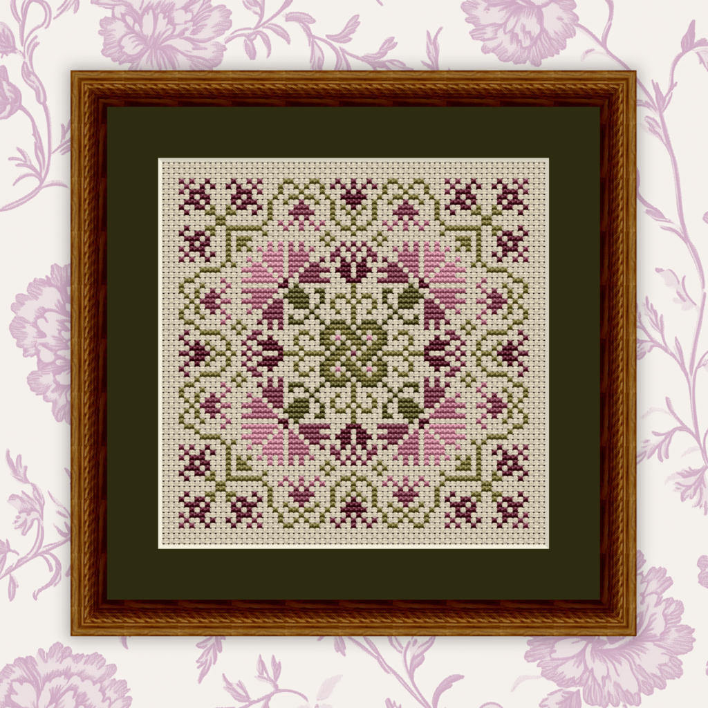 Shannon's Garden Square Cross Stitch Pattern 1066 with mauve colored flowers