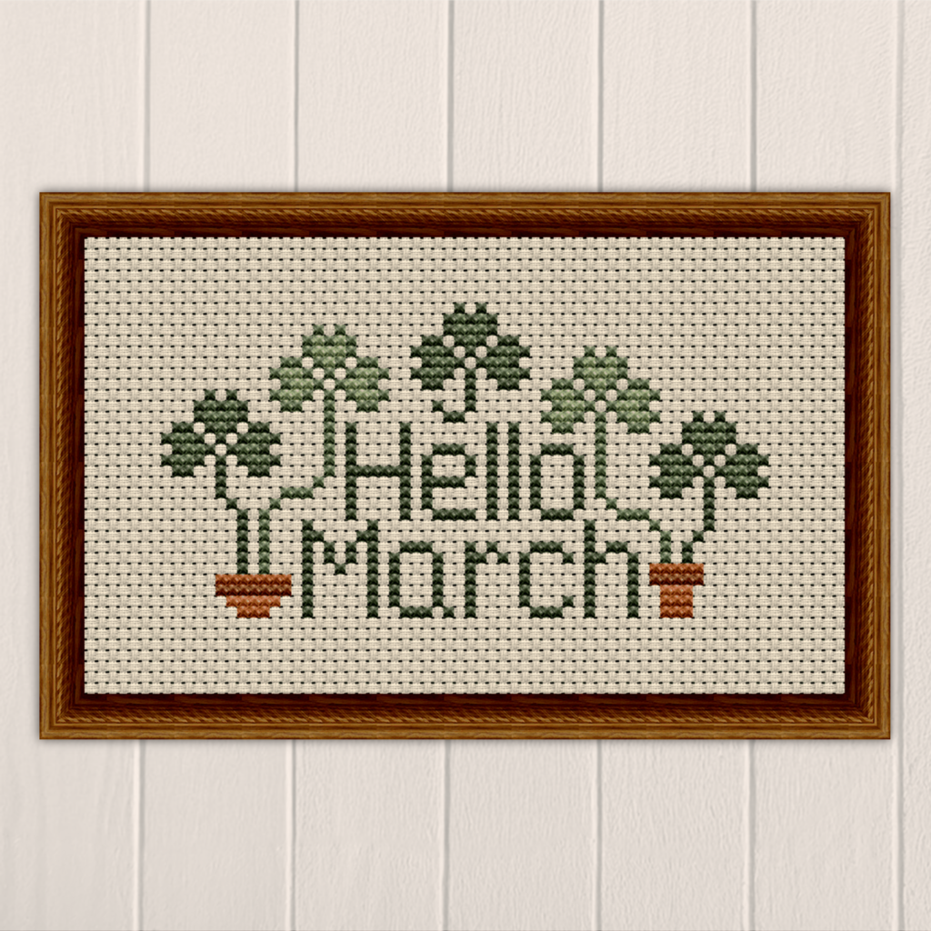 Hello March Cross Stitch Pattern 3526 with Shamrocks - Small Charts