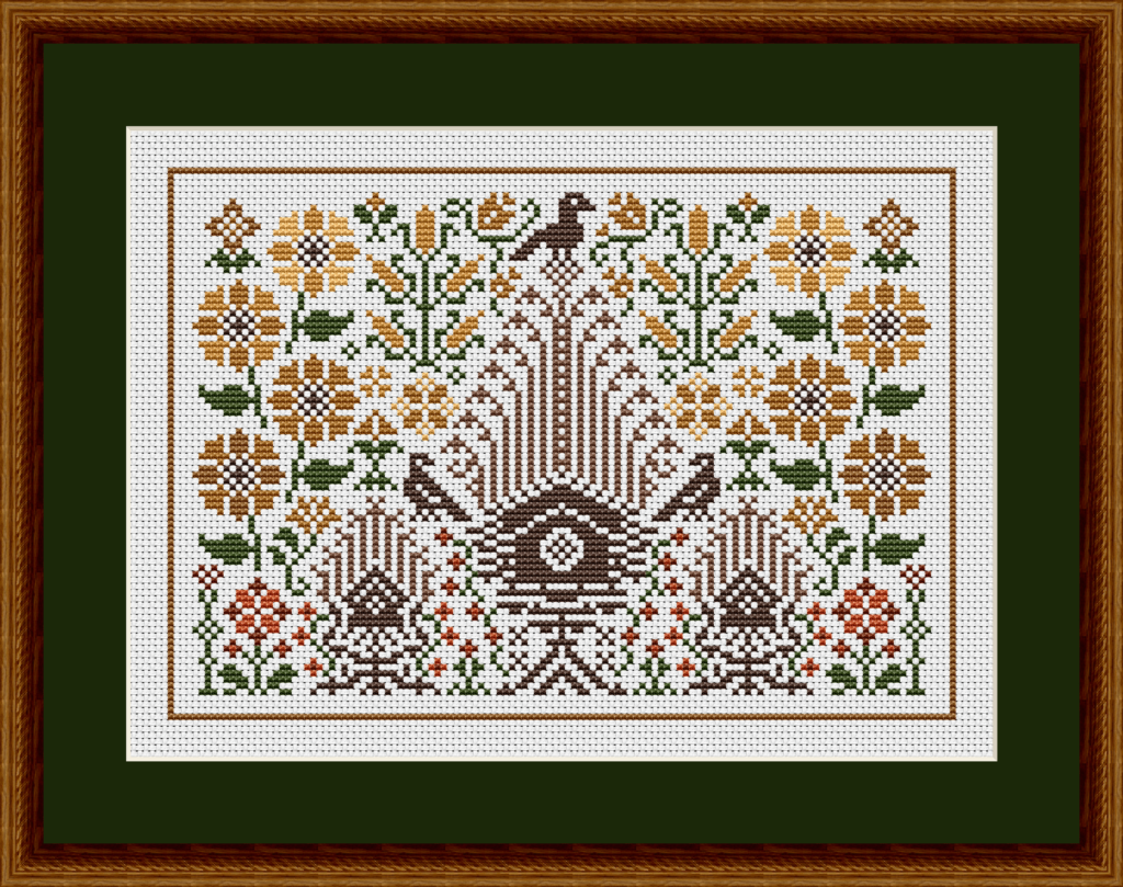 Cross stitch pattern with birds, birdhouses, and flowers.