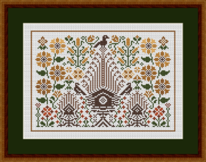 Cross stitch pattern with birds, birdhouses, and flowers.
