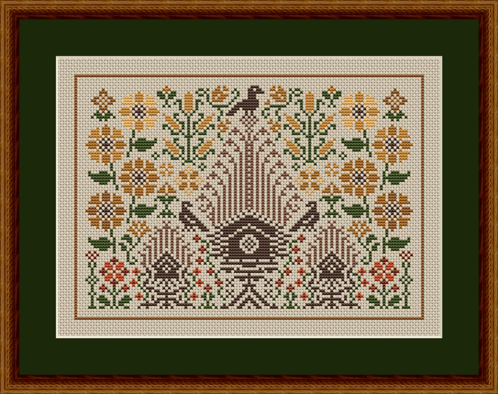 Late Summer Birdhouses Cross Stitch Pattern with Birds, Birdhouses, and Flowers Shown on Cream Colored Aida Cloth.