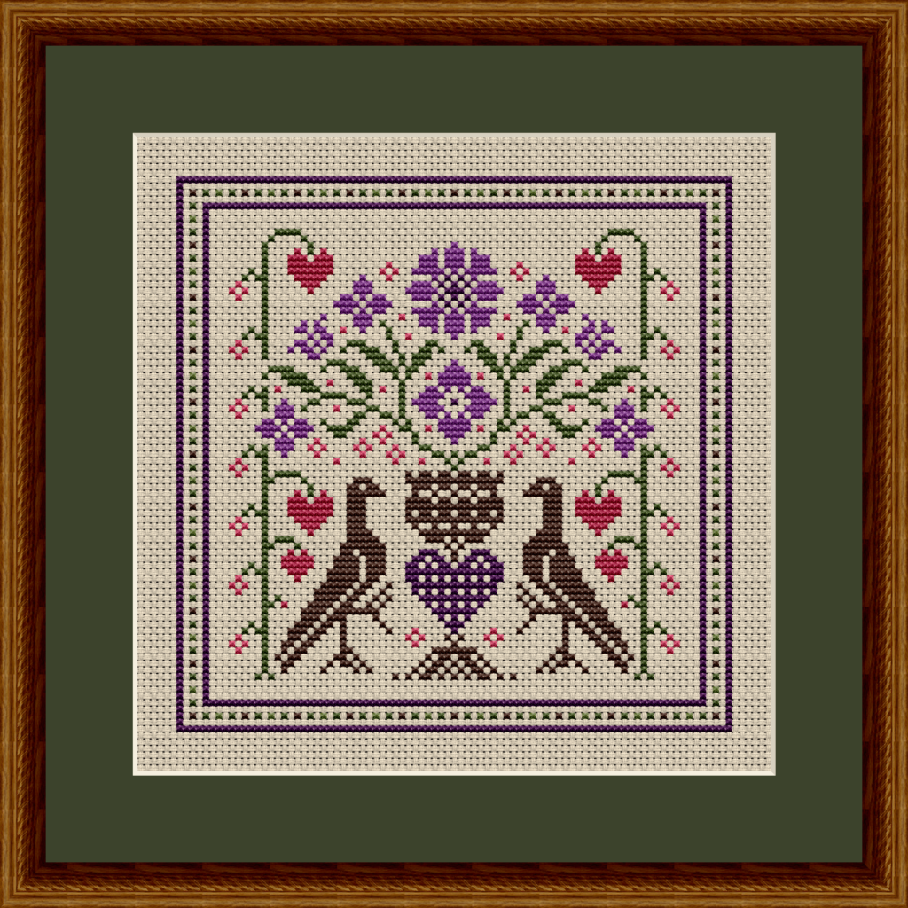 Love Bird Bouquet Counted Cross Stitch Pattern with Alternate Colors - pink and purple.