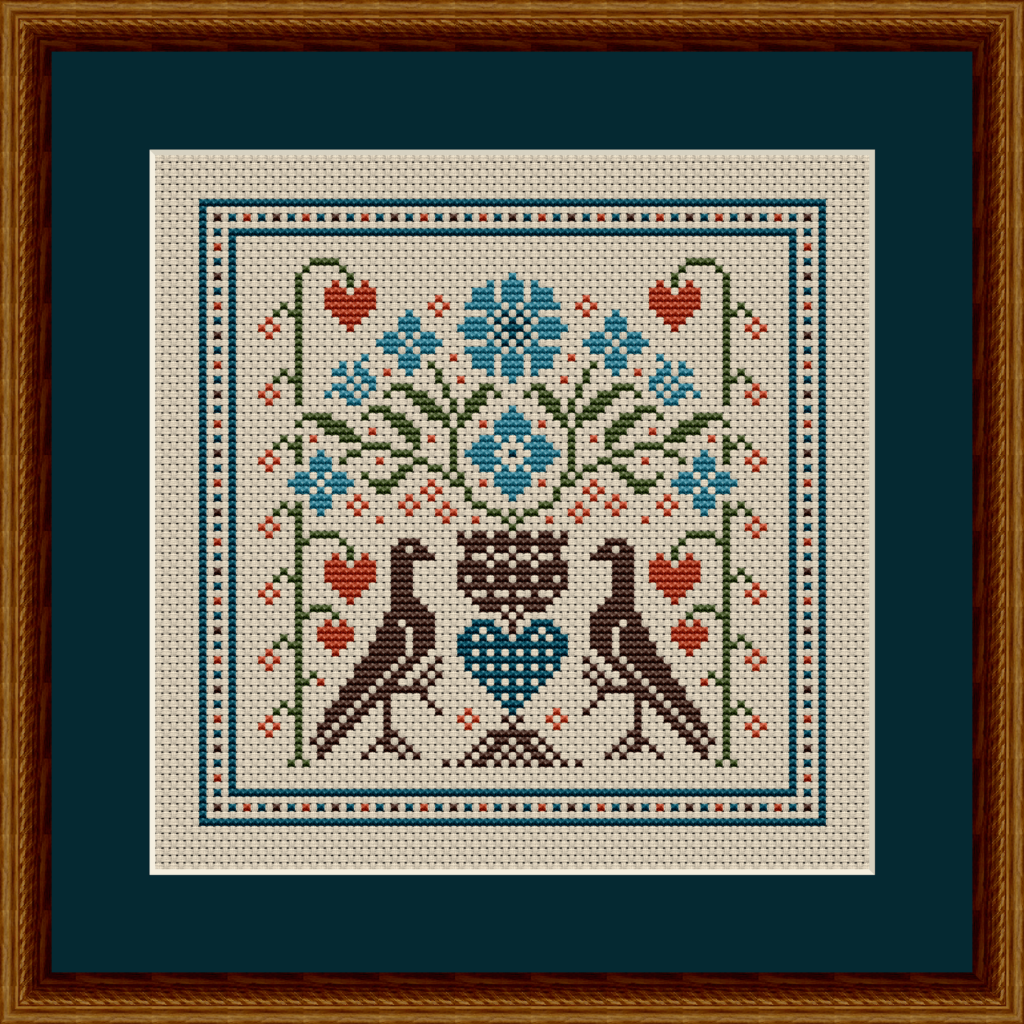 Love Bird Bouquet Counted Cross Stitch Pattern with Alternate Colors - turquoise and orange.
