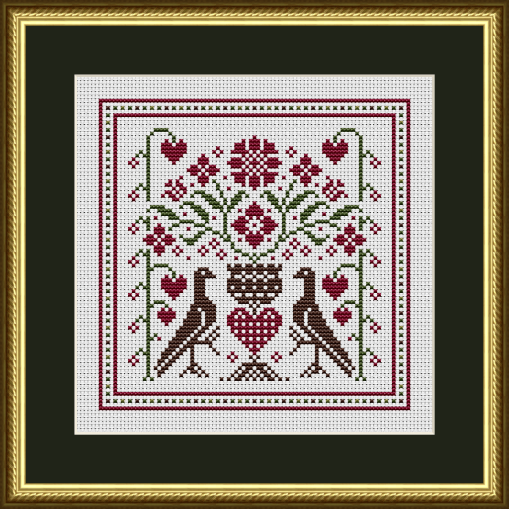 Love Bird Bouquet Counted Cross Stitch Pattern with Antique White Colored Aida Cloth.
