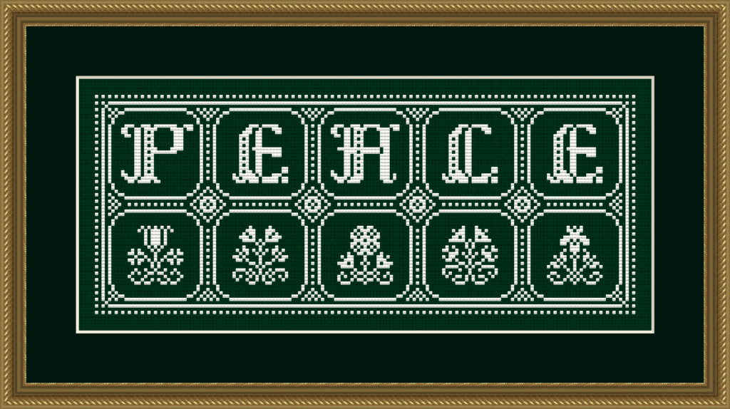 Christmas cross stitch design with the word PEACE and flowers.