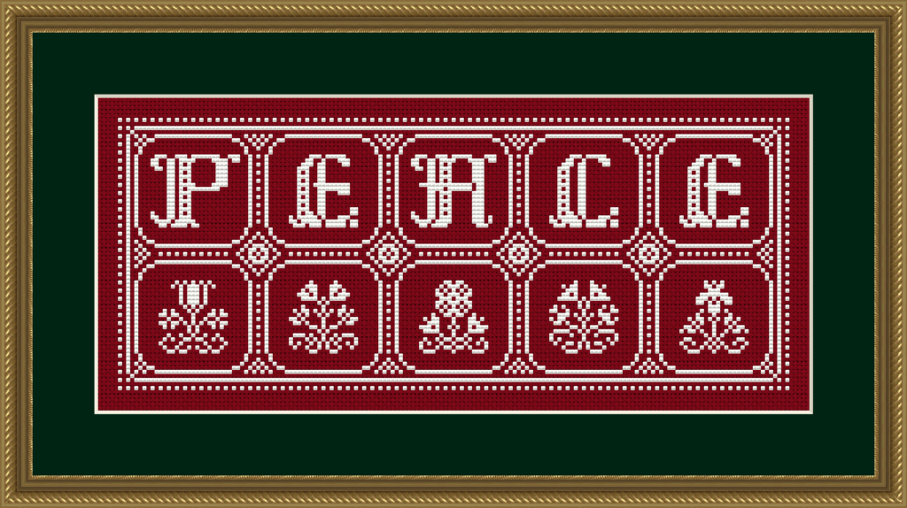 Christmas cross stitch pattern with flowers and the word peace.
