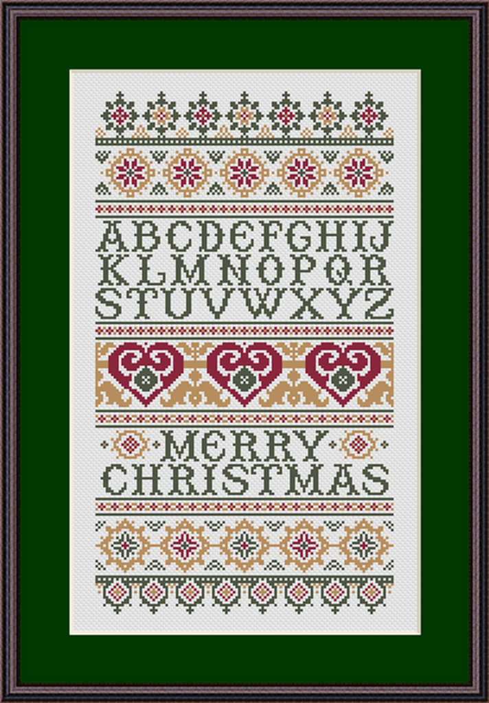 Merry Christmas Alphabet Sampler Cross Stitch Pattern 1181 is a winter holiday counted cross stitch band sampler pattern with an alphabet, hearts, and Christmas themed colors.