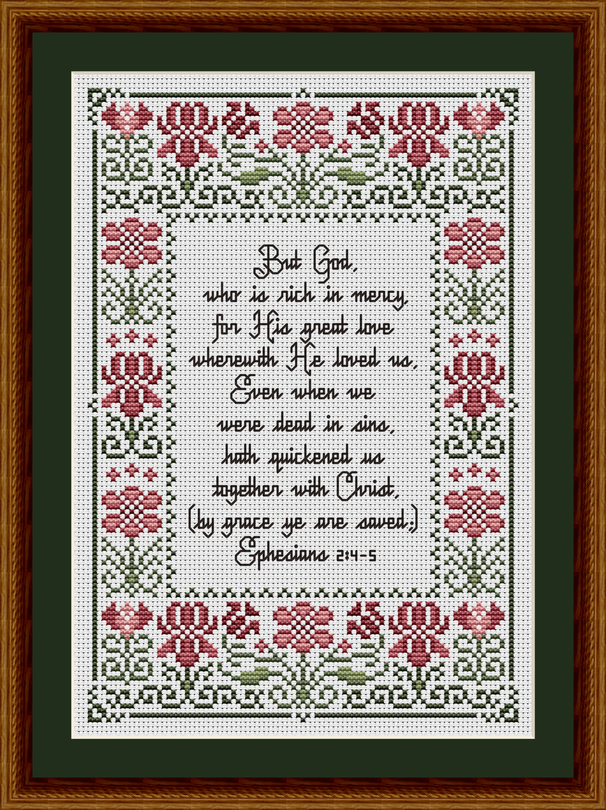 His Great Love Ephesians 2:4-5 Flower Cross Stitch Pattern 1205