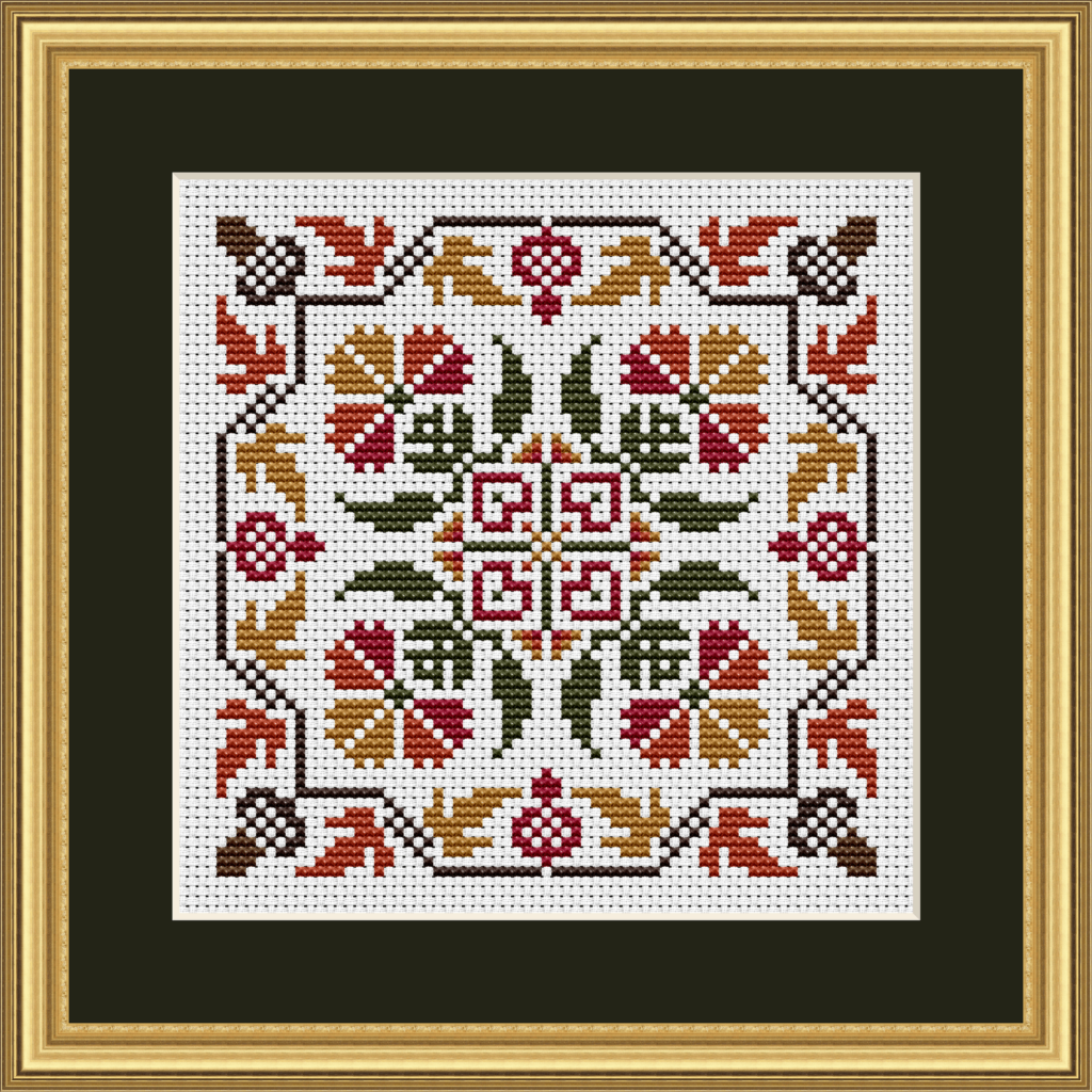 Autumn Acorns and Flowers Cross Stitch Pattern 1908 is a counted cross stitch chart with acorns and autumn colored leaves. It is stitched in shades of red, orange, yellow, green and brown.