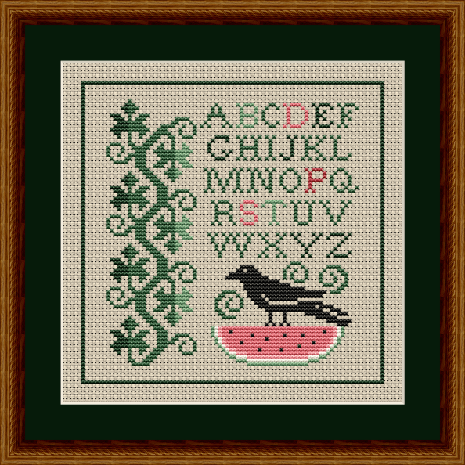 Summer Crow and Watermelon Alphabet Sampler Cross Stitch Pattern 1914