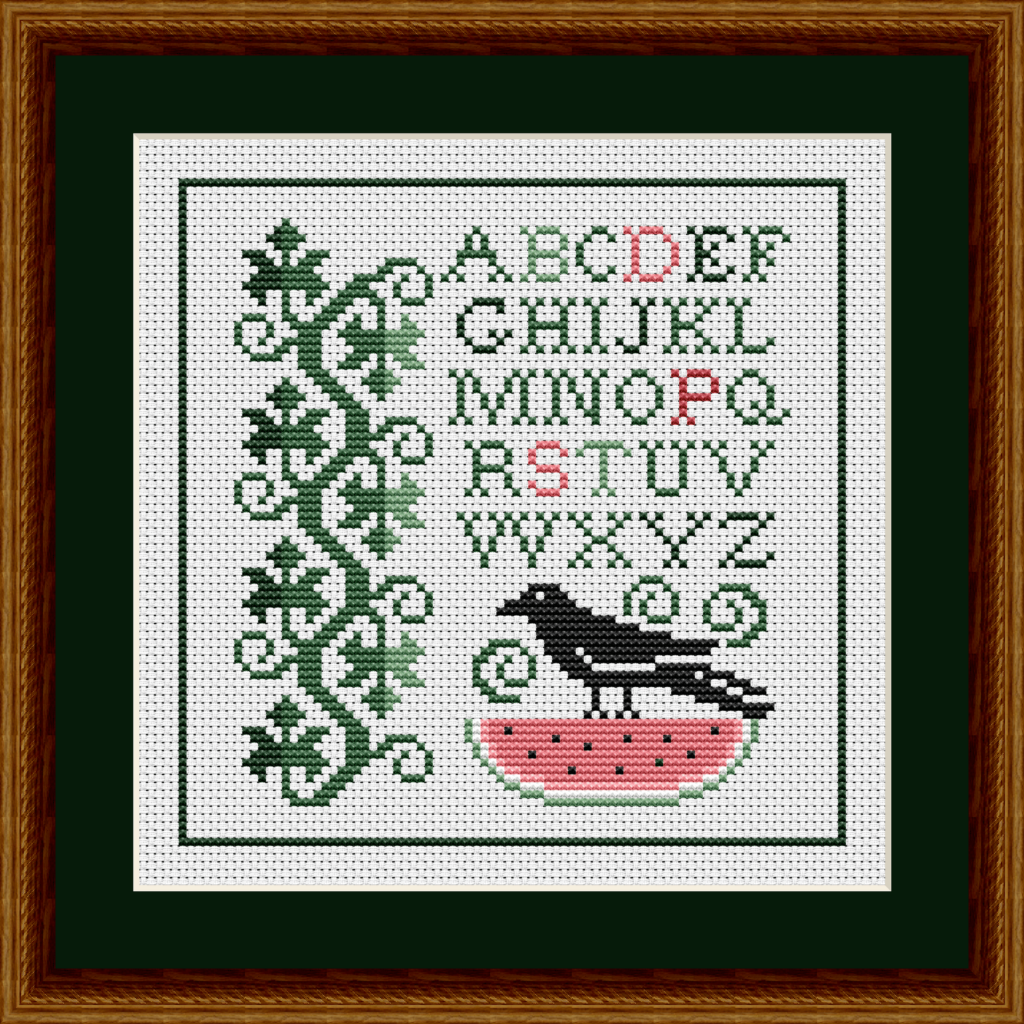 Summer Crow and Watermelon Counted Cross Stitch Pattern 1914 shown on antique white aida fabric.