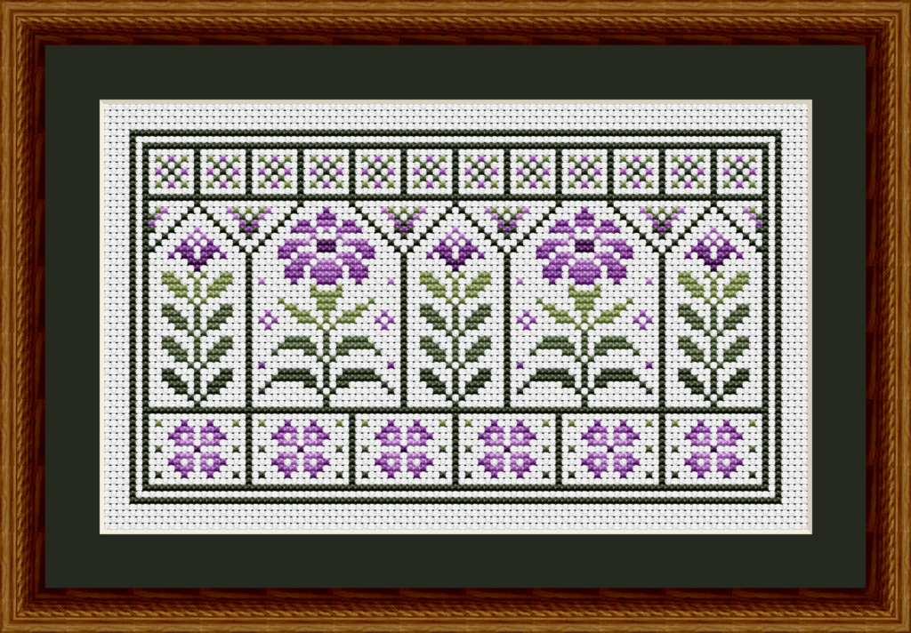 Pink Garden Courtyard Flower Cross Stitch Pattern 1918 stitched in alternate shades of purple lavender and green.