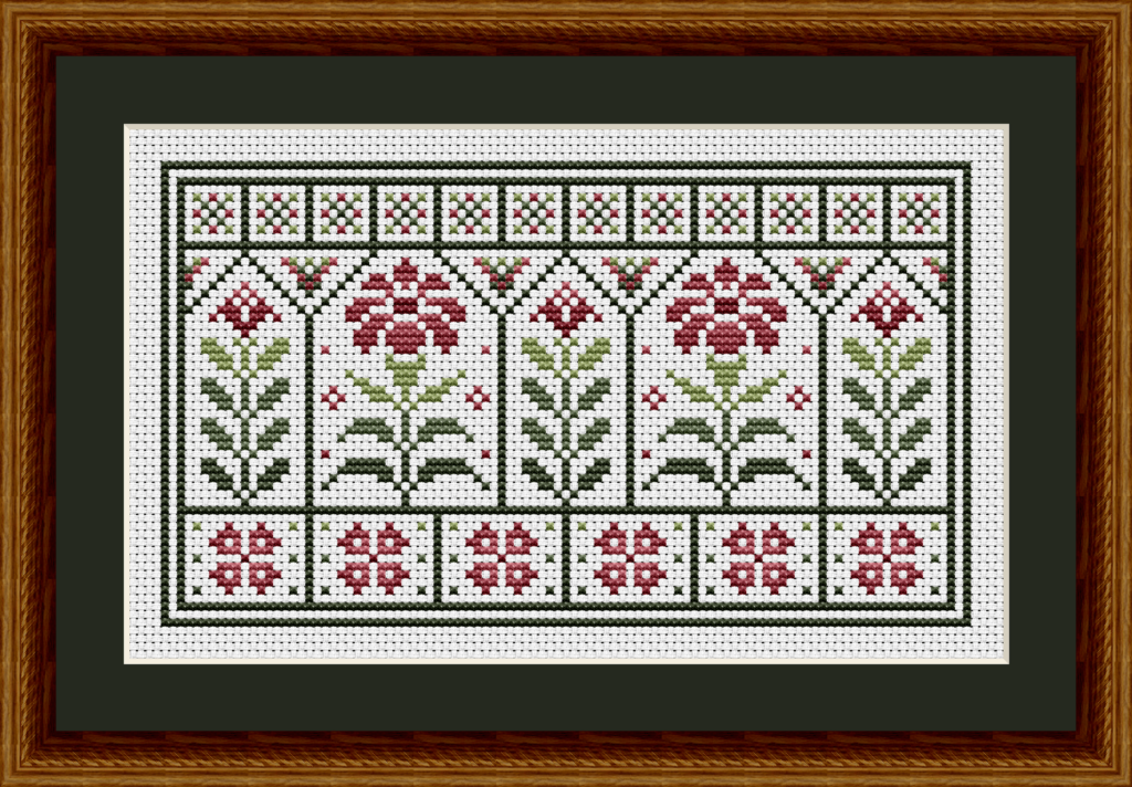 Pink Garden Courtyard Flower Cross Stitch Pattern 1918 shown on white colored aida fabric.
