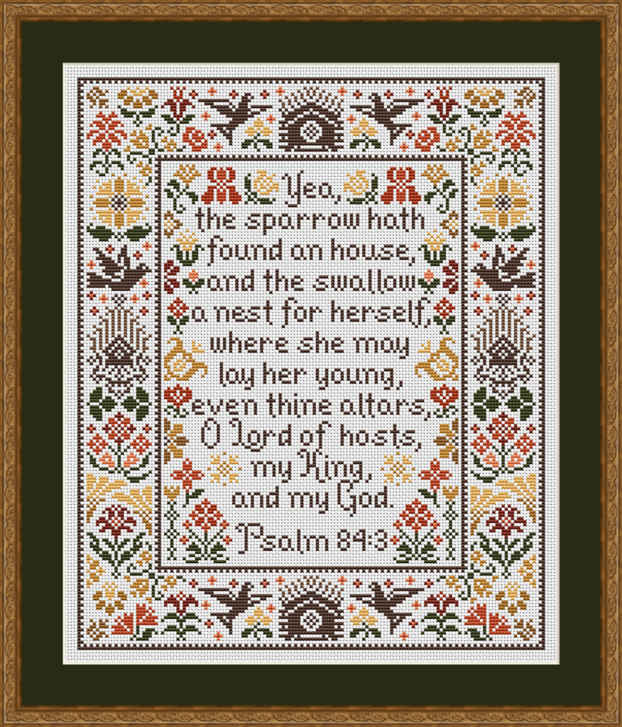 Late Summer Sparrows and Swallows Psalm 84:3 Pattern 2006-E is a counted cross stitch pattern with birds, birdhouses, flowers, and a King James Version KJV Bible verse. This design uses shades of yellow, orange, and brown.