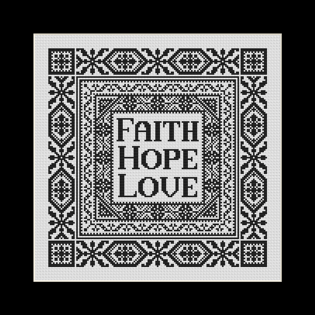 Monochrome Faith Hope Love cross stitch pattern.