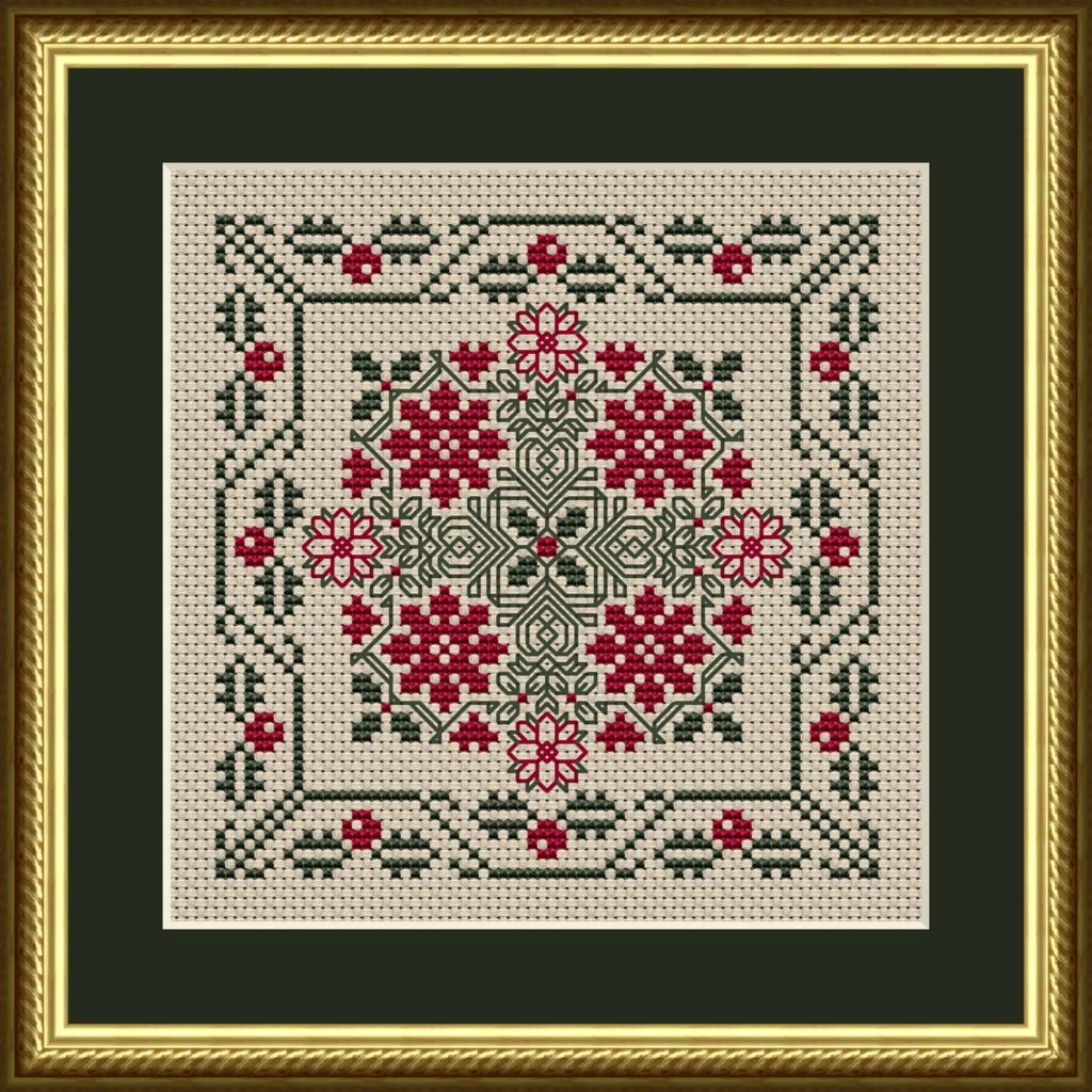 Winter Poinsettias and Holly Counted Cross Stitch Pattern - Cream Aida Fabric