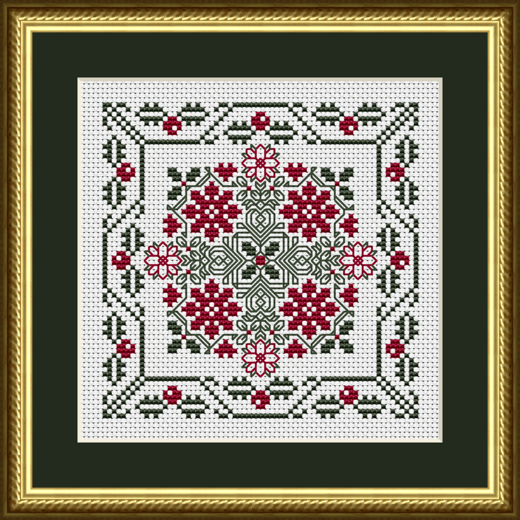 Winter Poinsettias and Holly Cross Stitch Pattern 1127 is a Christmas holiday counted cross stitch pattern with poinsettias, holly, berries, and hearts.