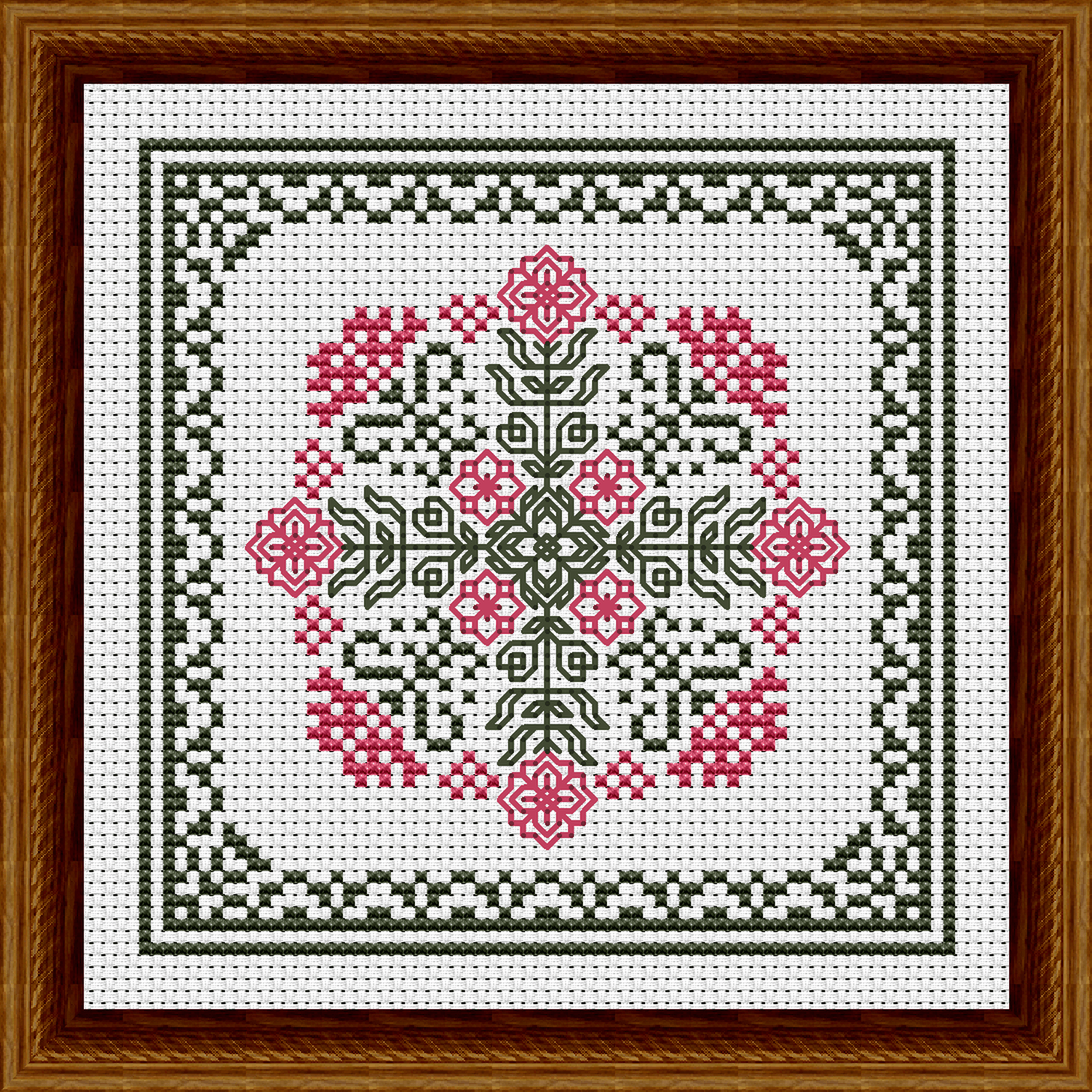 January Hearts Square with Pink Carnations Cross Stitch Pattern 3500