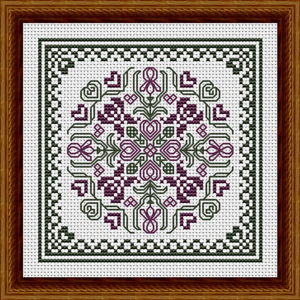 May Hearts Square with Purple Irises Counted Cross Stitch Pattern with purple irises, flowers, and hearts