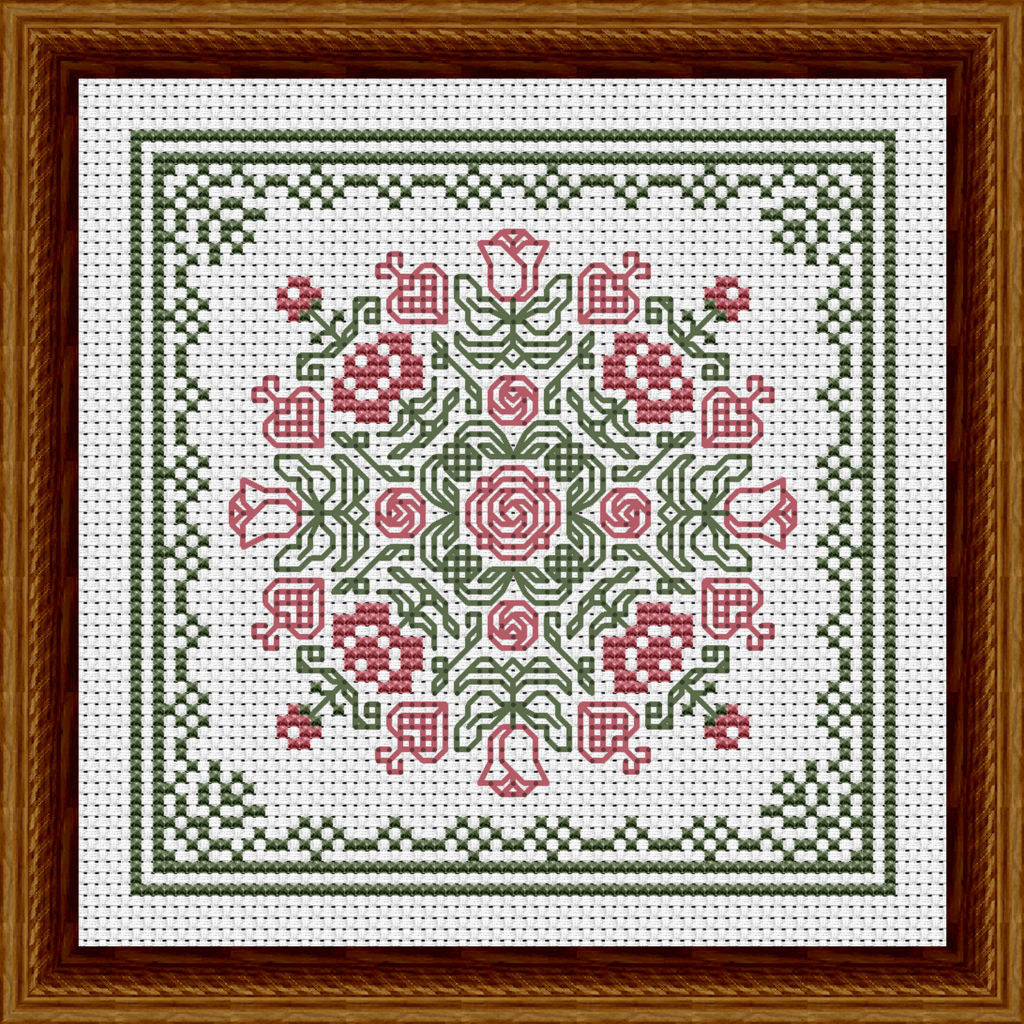 June Hearts Square with Red Roses Counted Cross Stitch Pattern - Pink Flowers