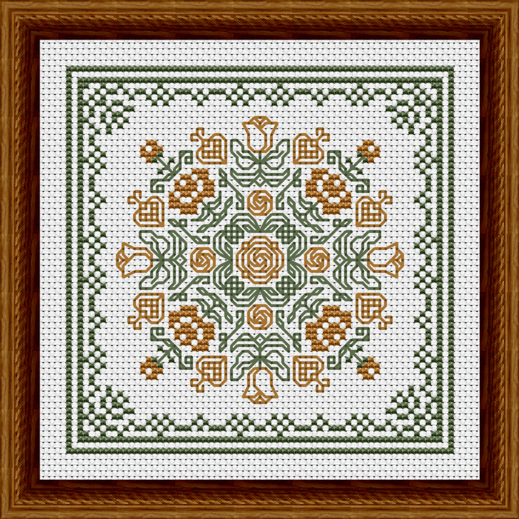 June Hearts Square with Red Roses Counted Cross Stitch Pattern - Yellow Flowers