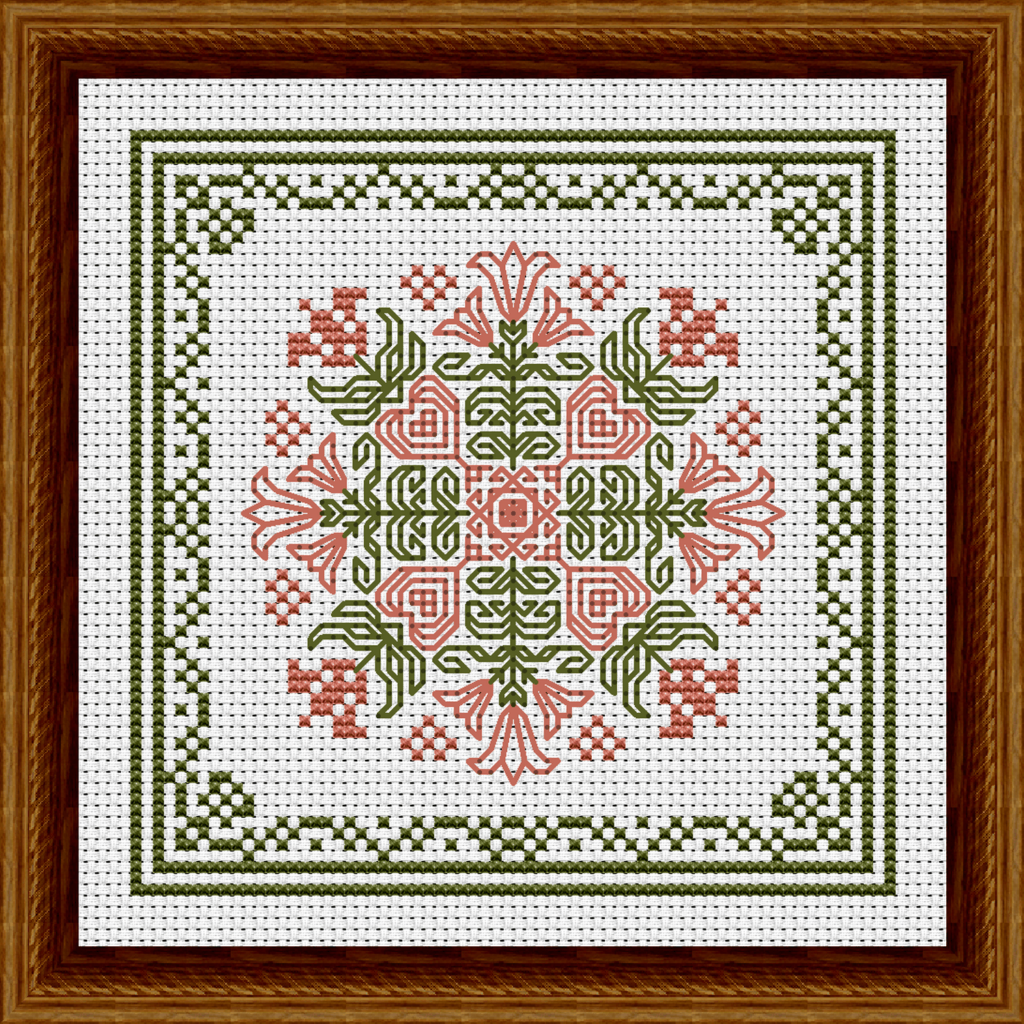 July Hearts Square with Bellflowers Counted Cross Stitch Pattern - Melon Color Flowers