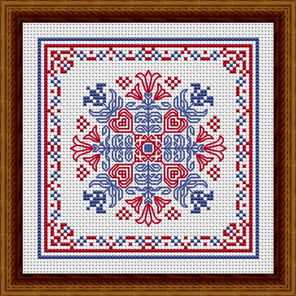 July Hearts Square with Bellflowers Counted Cross Stitch Pattern - Patriotic Colors