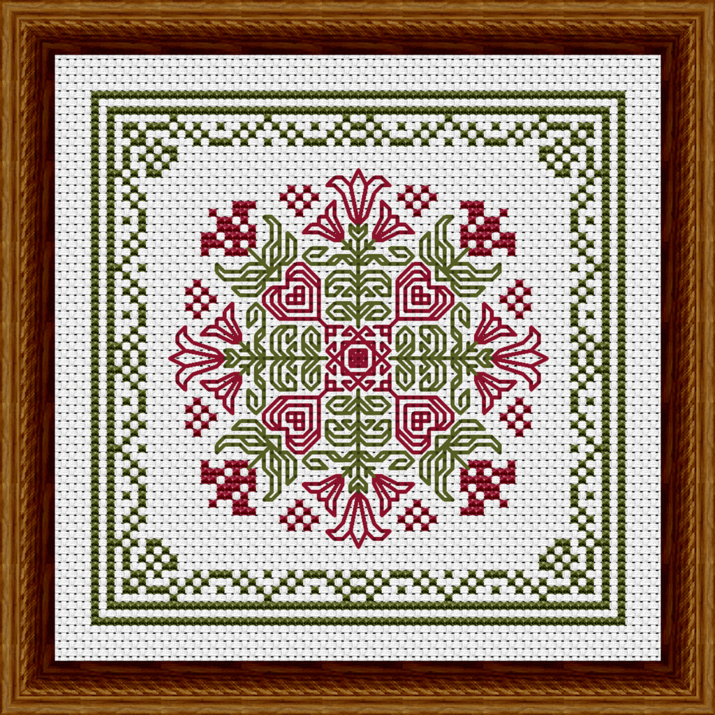 July Hearts Square with Bellflowers Counted Cross Stitch Pattern - Red Flowers