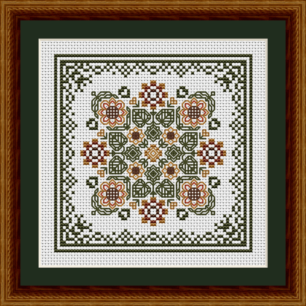 August Hearts Square with Sunflowers Counted Cross Stitch Pattern - with Orange and Brown