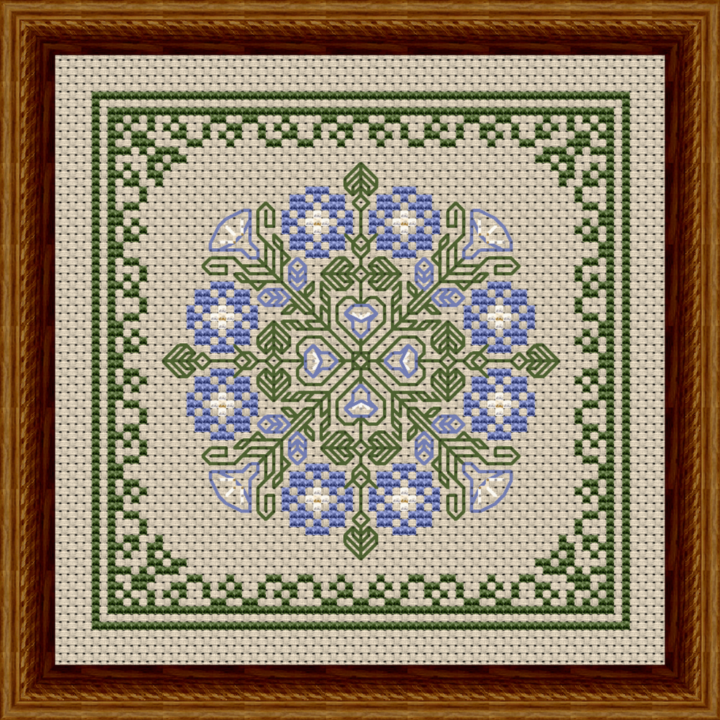 September Hearts Square with Morning Glories with Lavender, White, and Yellow Counted Cross Stitch Pattern