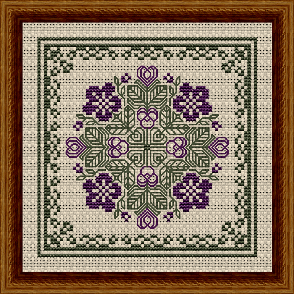 Cross stitch pattern with hearts and pansies.