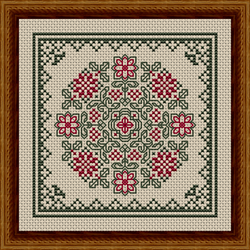 December Hearts Square with Poinsettias Counted Cross Stitch Pattern - Beige Fabric