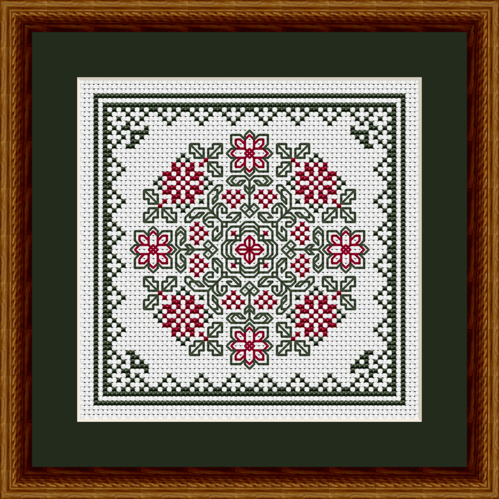 December Hearts Square with Poinsettias Counted Cross Stitch Pattern - Green Mat