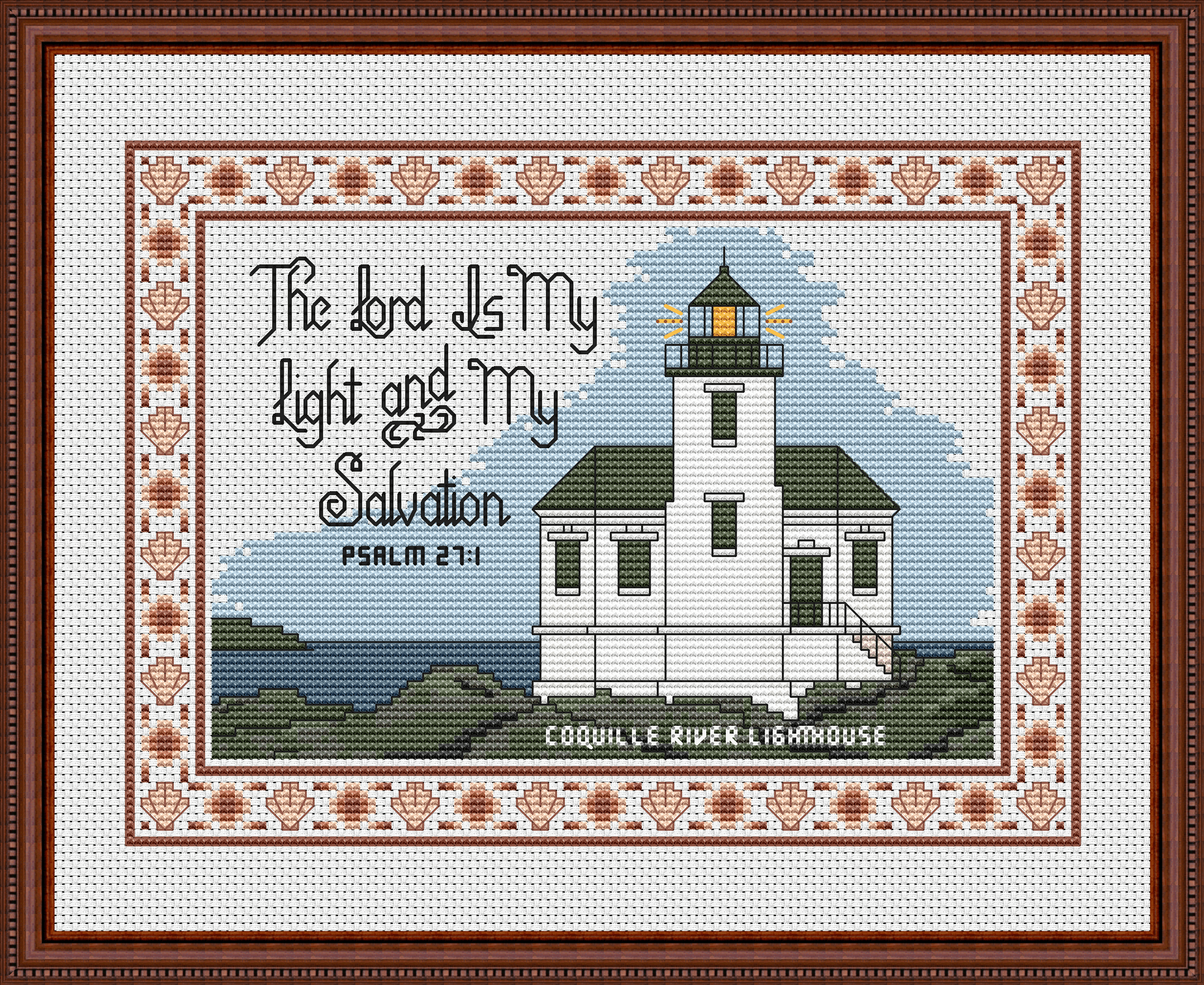 Coquille River Lighthouse Bible Verse Cross Stitch Pattern 845