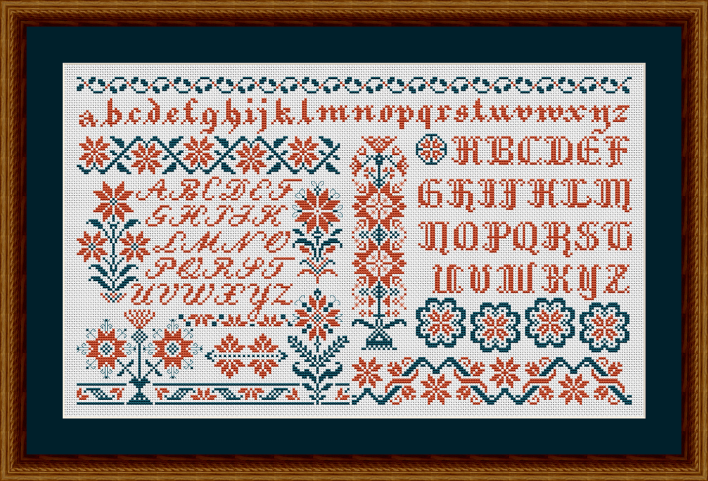 Floral Sampler 1 - Peach and Turquoise cross stitch pattern with flowers and alphabets.