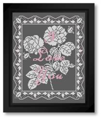 I Love You Design With Roses - White and Pink on Grey cross stitch pattern