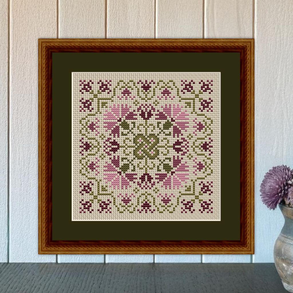 Shannon's Garden Square Cross Stitch Pattern 1066 with mauve colored flowers