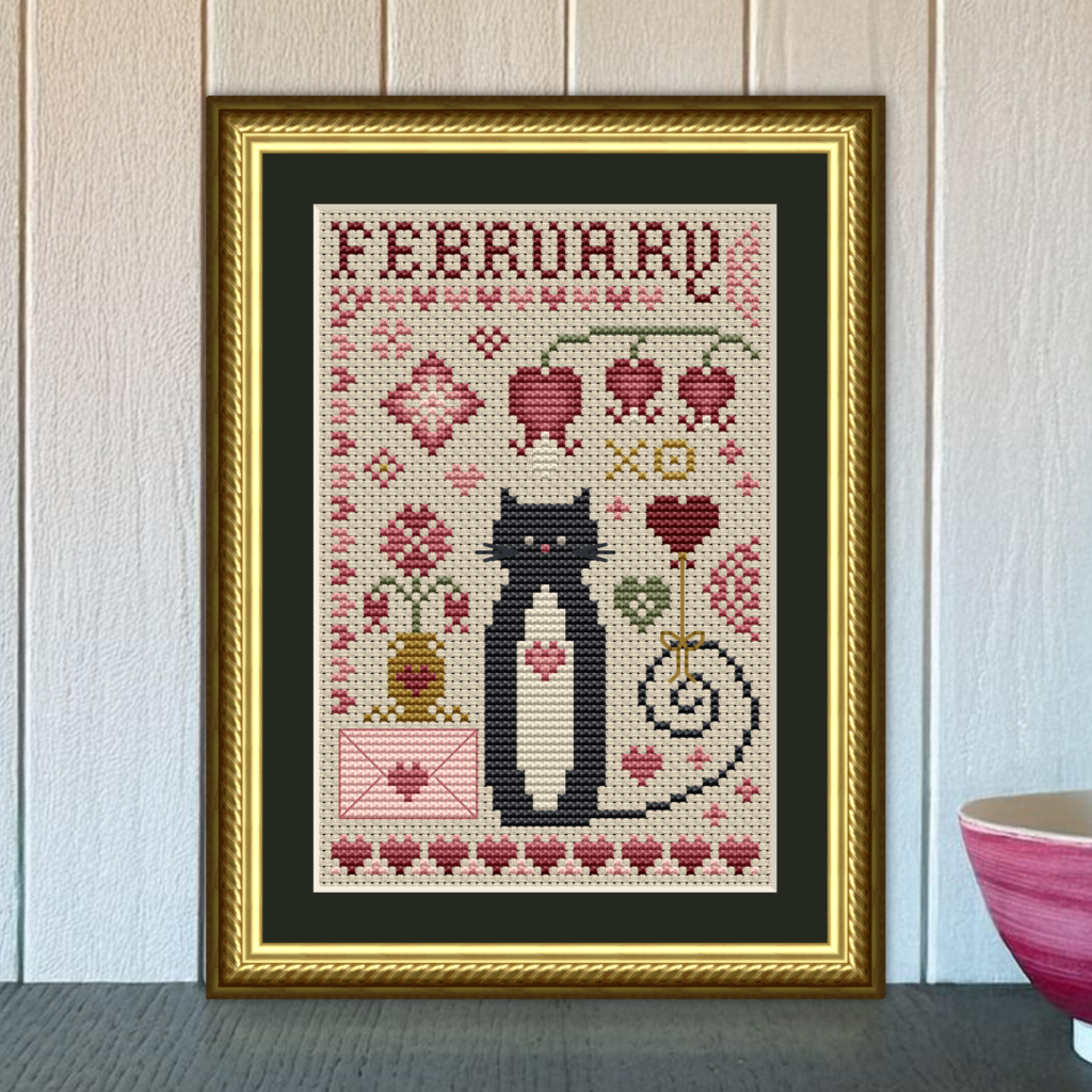 February Cat Cross Stitch Pattern 5552 from Happiness Is HeartMade - Cat Tales Collection