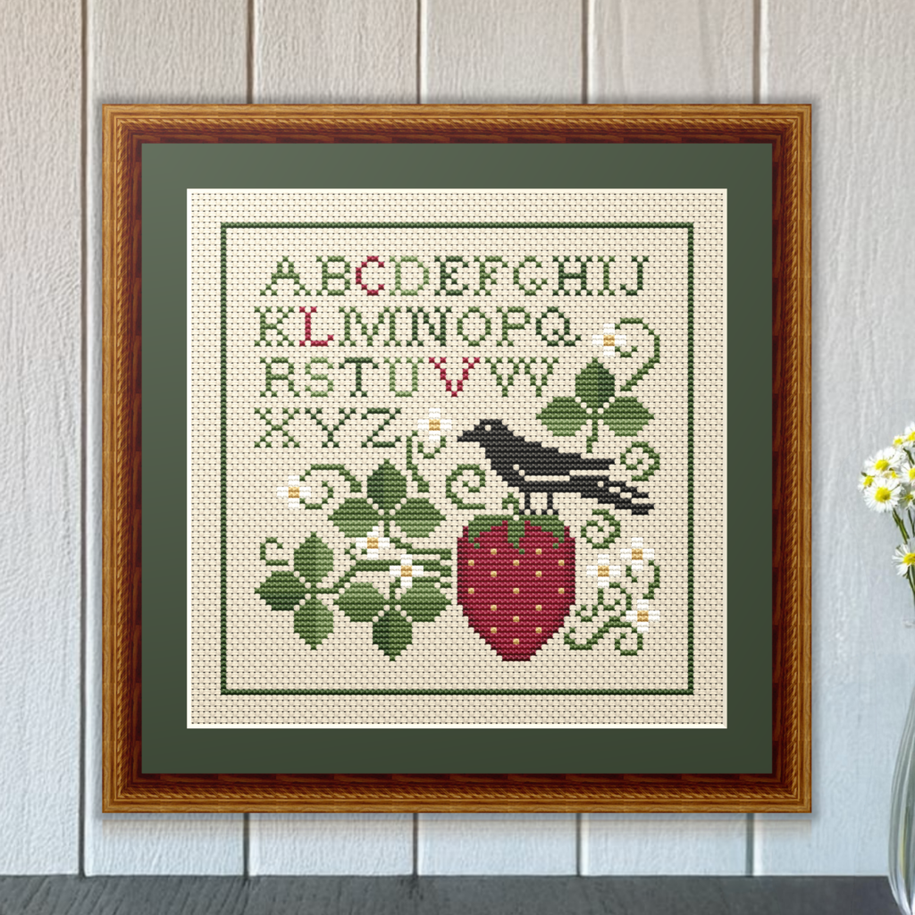 Spring Crow and Strawberry Cross Stitch Pattern 1917 from Happiness Is HeartMade