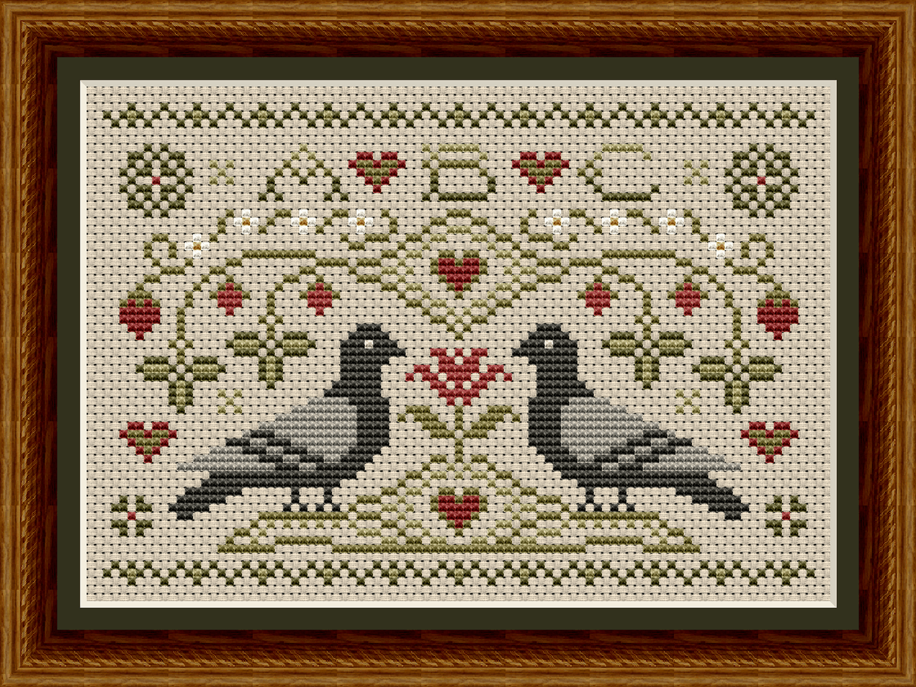 Pigeons and Strawberries Cross Stitch Pattern 1040