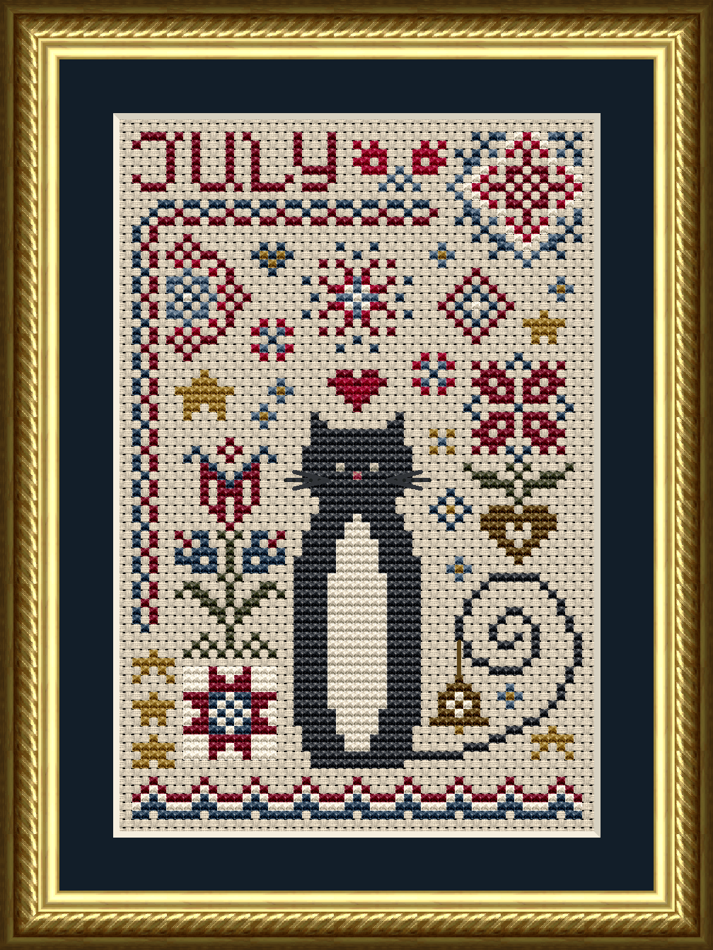 International July Cat Cross Stitch Pattern from the Cat Tales Collection by Happiness Is HeartMade Pattern 5557