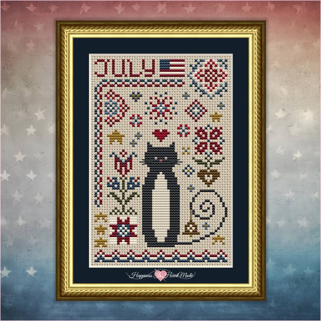 July Cat Cross Stitch Pattern from the Cat Tales Collection by Happiness Is HeartMade Pattern 5557