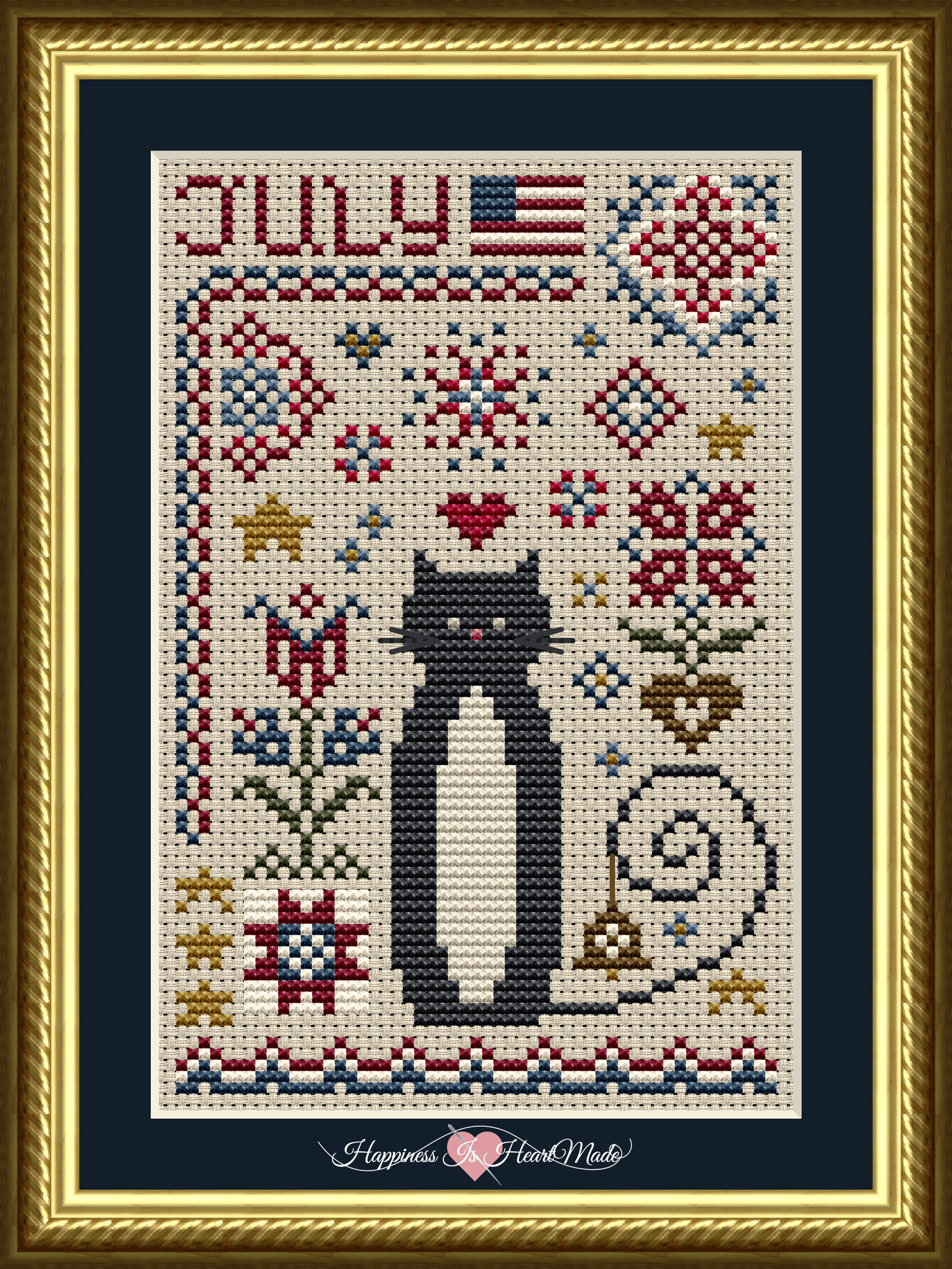 July Cat Cross Stitch Pattern from the Cat Tales Collection by Happiness Is HeartMade Pattern 5557