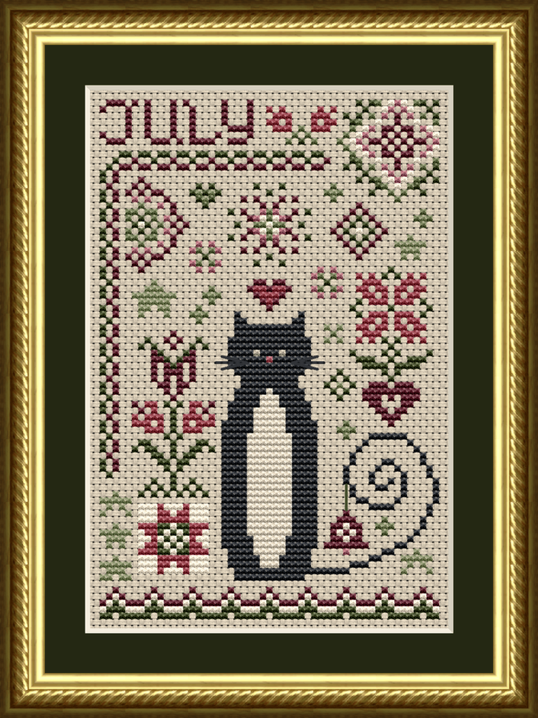 International July Cat Cross Stitch Pattern from the Cat Tales Collection by Happiness Is HeartMade Pattern 5557