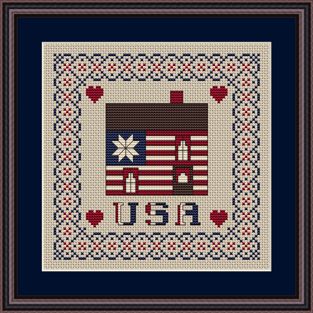 One Nation Patriotic Cabin Cross Stitch Pattern 211