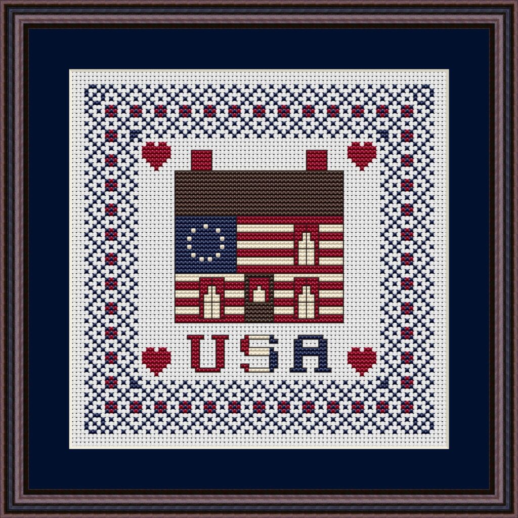 Patriotic Home Cabin Cross Stitch Pattern 212